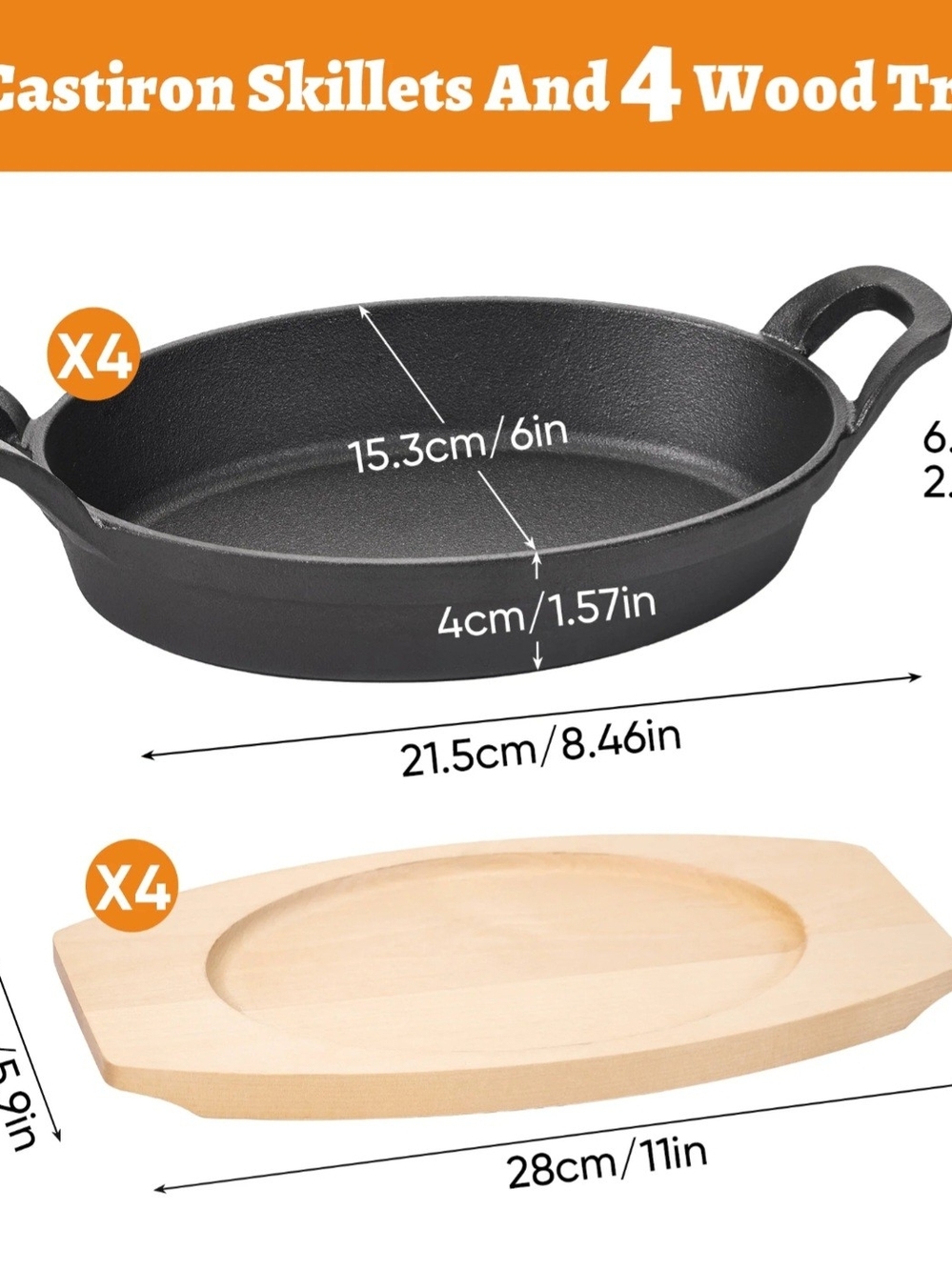 Cast Iron Skillet with Wooden Tray Set - Black